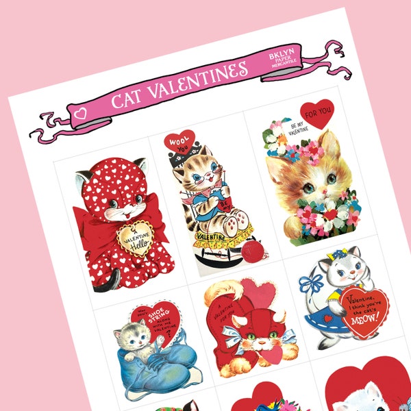 Cute Cat Valentine Stickers - Set of 18 | Kittens | Planner Stickers, Cute Valentines, Handmade Stickers, Vintage Style, Retro, Kitsch