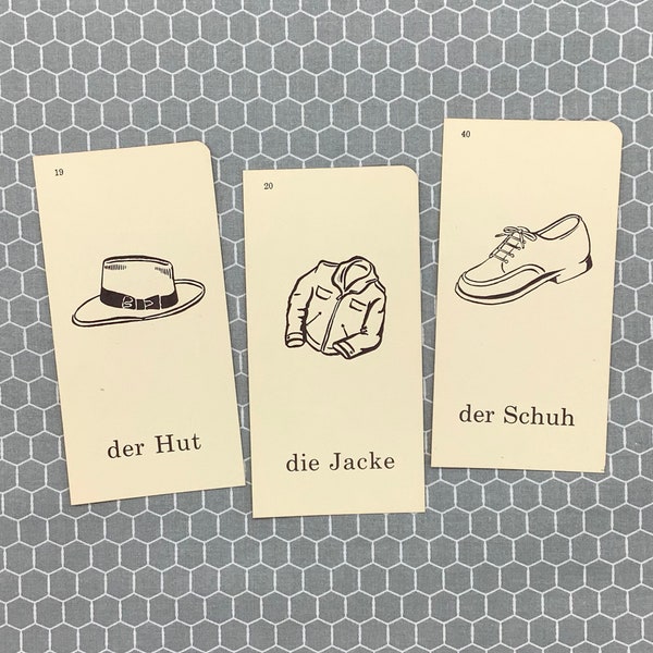 Vintage German Hat Jacket Shoe Flash Cards - Set of 3 | Getting Dressed Picture Flashcards | Paper for Mixed Media, Art, Scrapbook