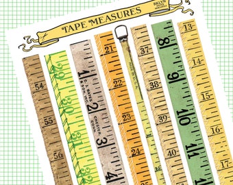 Tape Measure Sticker Strips Uncut Set of 32 | Ruler Stickers | Vintage Measuring Tape, Planner Stickers, Handmade Stickers, Vintage Style