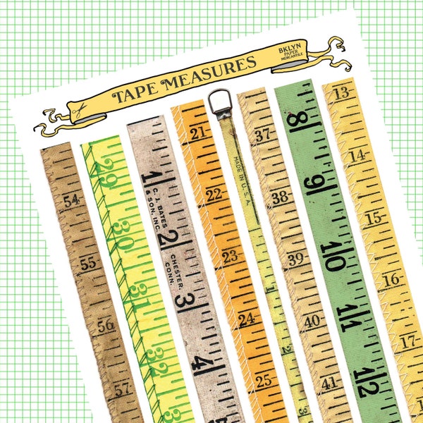 Tape Measure Sticker Strips Uncut Set of 32 | Ruler Stickers | Vintage Measuring Tape, Planner Stickers, Handmade Stickers, Vintage Style