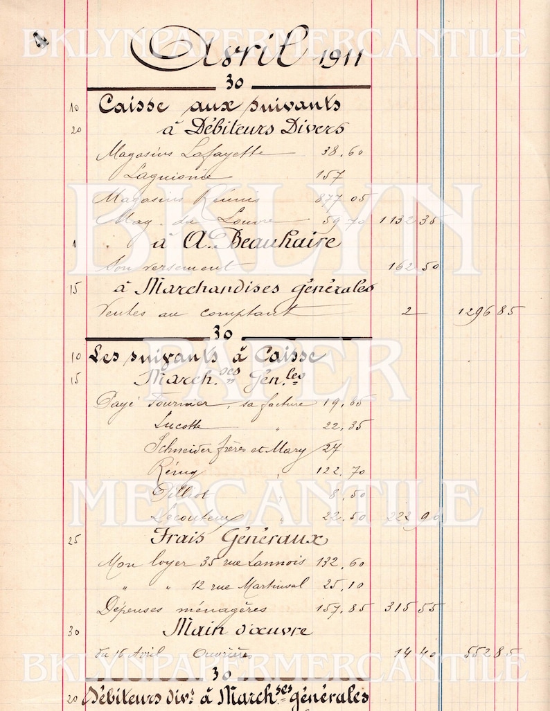 May include: A vintage ledger page with handwritten French text and numbers. The document, dated April 1911, features columns of entries, including names and amounts. The paper has a yellowed, aged appearance, with the words "Brooklyn Mercantile" in the margins.