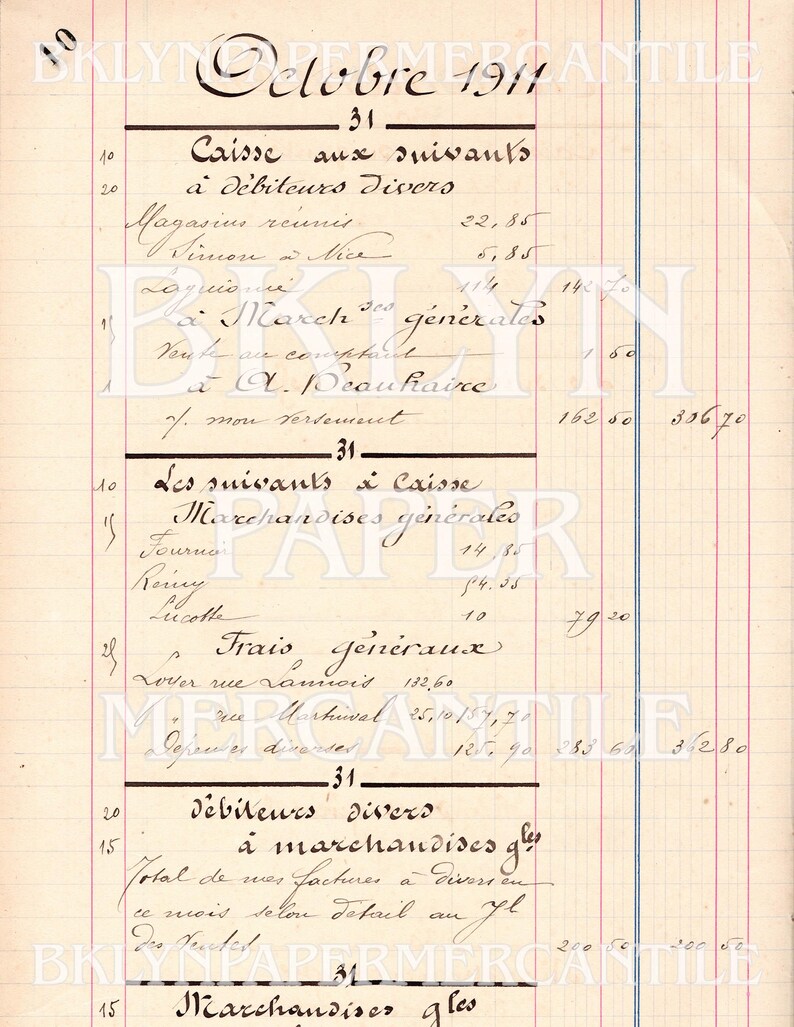 May include: A vintage ledger page from October 1911, featuring handwritten French text and numerical entries. The aged paper has vertical and horizontal lines, with headings like "Caisse" and "D&eacute;biteurs divers". The document is a historical record.