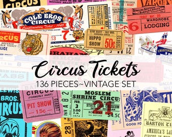 Vintage CIRCUSTICKETS | 136 kaartenset | Afdrukbaar circus | Afdrukbare planner | Digitaal plakboek, collage, rommeldagboek, kortstondige