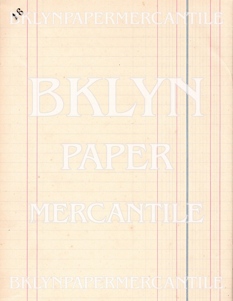 May include: Cream-colored vintage ledger paper with horizontal lines and vertical red and blue lines. The text "BKLYN PAPER MERCANTILE" is watermarked across the page. The number "16" is in the upper left corner.