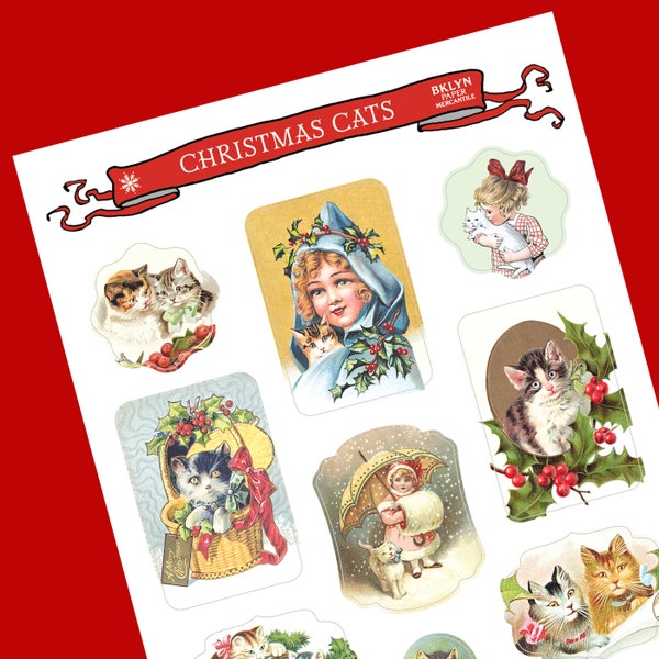 Christmas Stickers - Set of 21 | Cute Cats | Vintage Christmas, Planner Stickers, Cute Christmas, Handmade Stickers, Holiday, Vintage Style