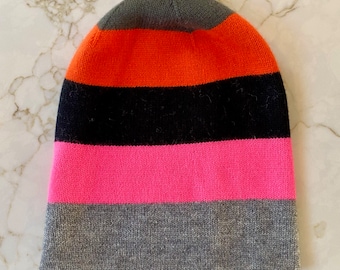Pure Cashmere REVERSIBLE striped Beanie Hat