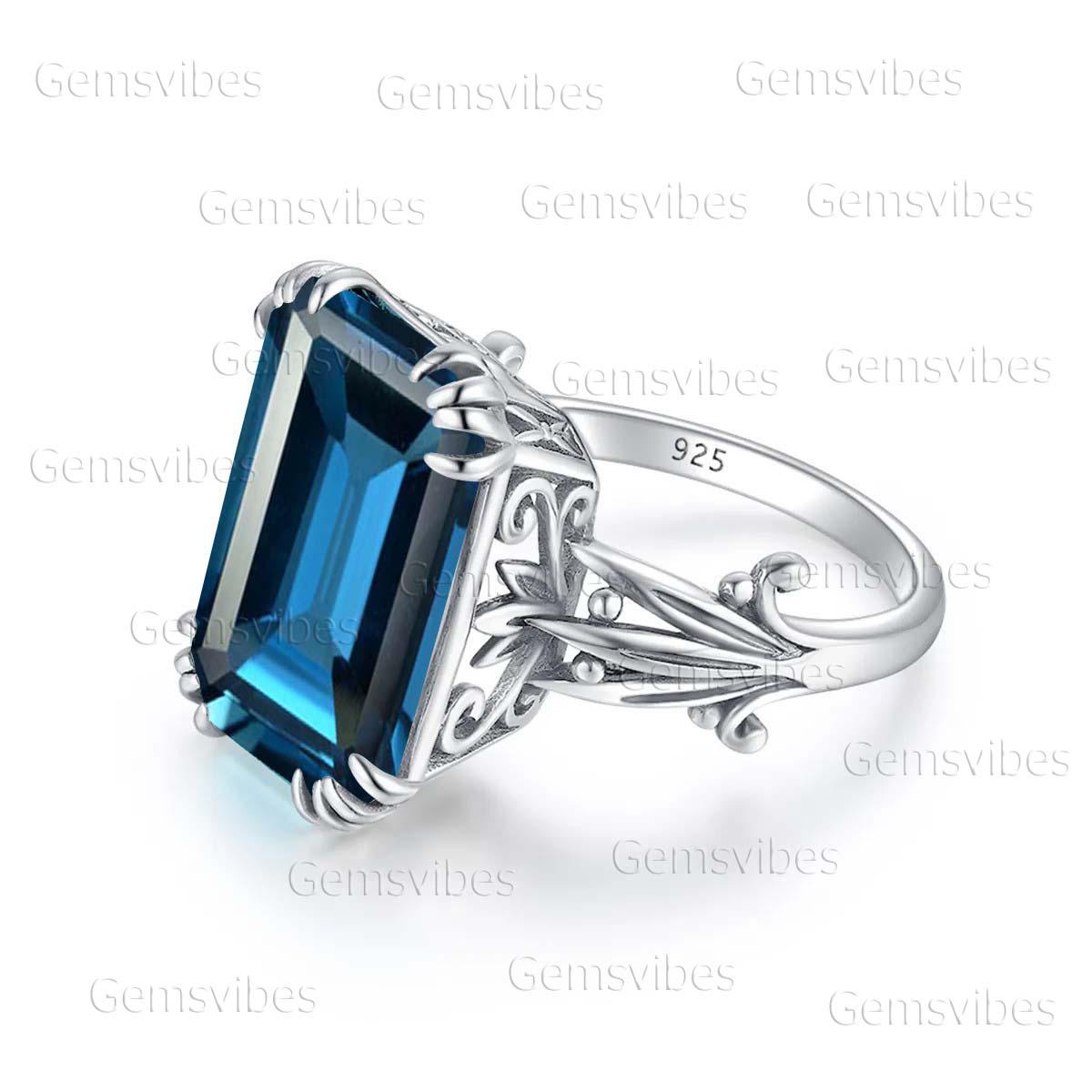 London Blue Topaz Ring Solid 925 Sterling Silver Ring Emerald Cut ...