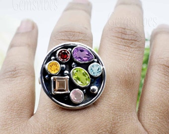 Natural Multi Gemstone Oxidized Ring 925 Sterling Silver Handmade Ring For Women Wedding Ring Delicate Gift For Her Birthstone Bohemian Ring