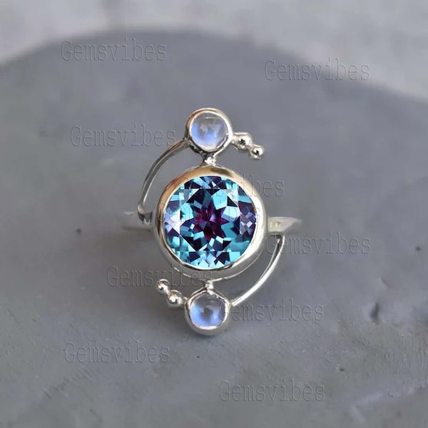 Van kleur veranderende alexandrietring, 925 sterlingzilveren maansteenaccent