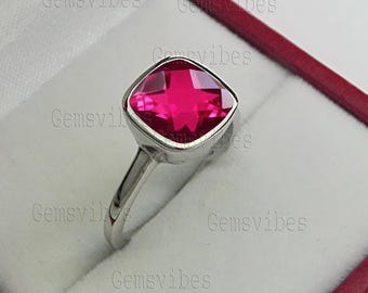 Handmade Pink Ruby Ring, 925 Sterling Silver, Cushion Cut