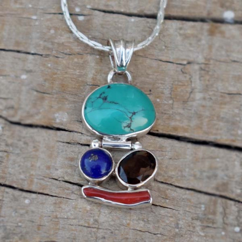 Girls Designer Multi Stone Pendant,Tibetan Turquoise,Lapis Lazuli,Smokey Quartz,Coral Stick Pendant,Solid 925 Sterling Silver Gift Necklace