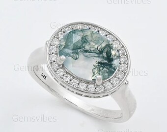 Anillo de ágata musgosa en plata de ley 925, anillo llamativo para mujer, regalo para boda, aniversario, elegante anillo de diseño, anillo de piedra preciosa de ágata verde.