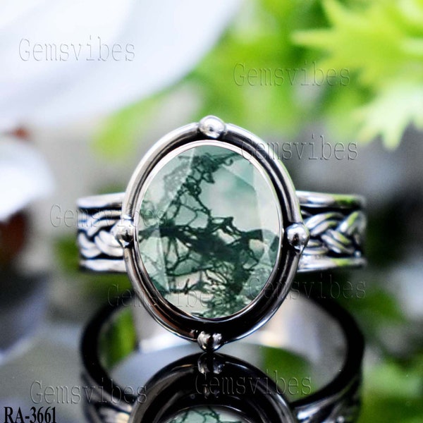 Oval Natural Moss Agate Ring 925 Sterling Sliver Ring For Women Wedding Gift For Her Natural Green Gemstone Oxidized Ring Handmade Boho Ring