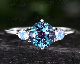 Alexandrite Moonstone Ring, S925 Sterling Silver, Handmade Gemstone Jewelry