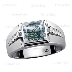 Herren Moos Achat Ring 925 Sterling Silber Ring Für Männer Siegelring Edelstein Achat Ring Geburtstag Versprechen Geschenk für Ihn Statement Ring