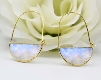 Half Moon Rainbow Moonstone Earrings, Blue Flash, 925 Sterling Silver
