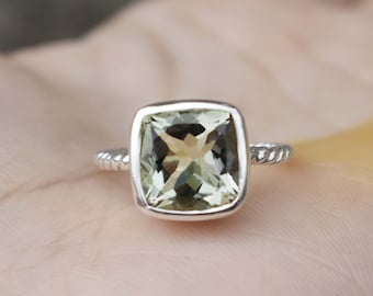 green amethyst ring natural prasiolite birthstone ring gemstone ring 925 sterling silver ring women wedding ring handmade twisted band ring