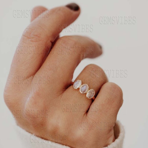 Bague vintage en pierre de lune arc-en-ciel, argent sterling 925 massif, trois pierres précieuses