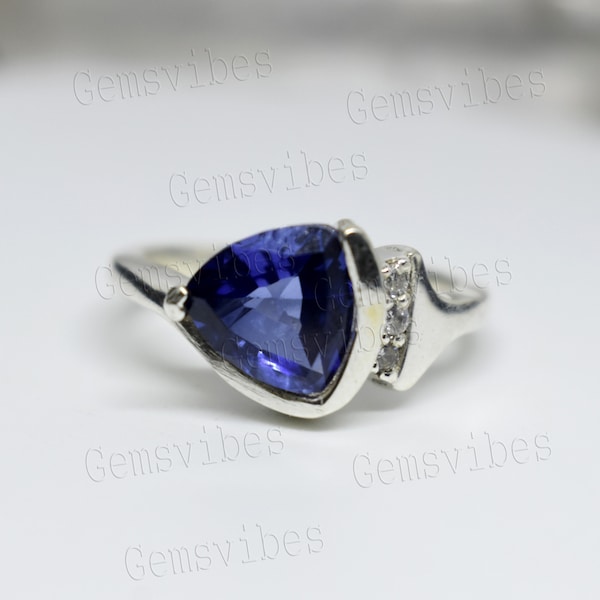 Trillion Tanzanite Ring, Diamond Halo, 925 Sterling Silver