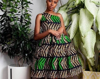 Ankara midi jurk-Afrikaanse print jurk-Ankara jurk-Afrikaanse vrouwen kleding-Vrouwen kleding-Kleding-Assymetrische hals lijn jurk