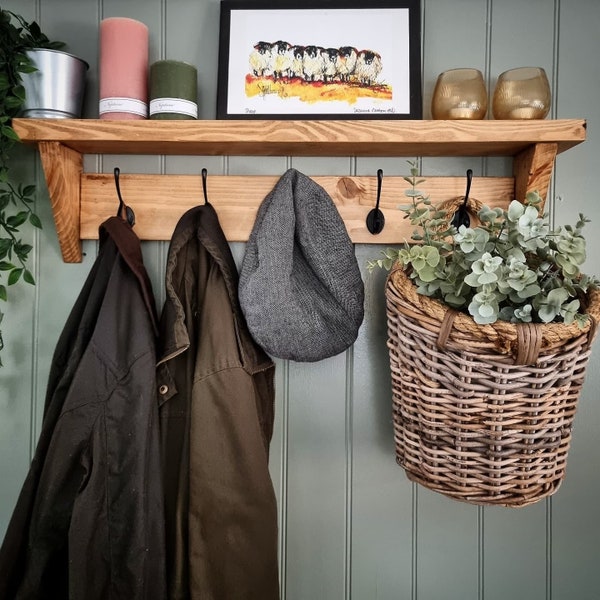 Rustic reclaimed wooden coat rack with shelf/wall mounted/ coat hooks