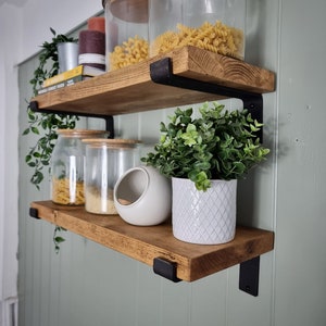 Rustic shelf hand crafted using reclaimed timber & industrial v line metal brackets 22cm depth x 3.3cm thickness / Farmhouse Vintage UK