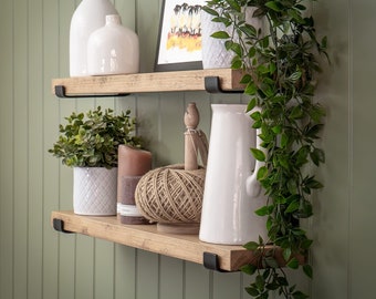 Slim 15cm rustic reclaimed shelf/hand crafted from solid timber with industrial steel "up style" brackets 3.3cm thickness