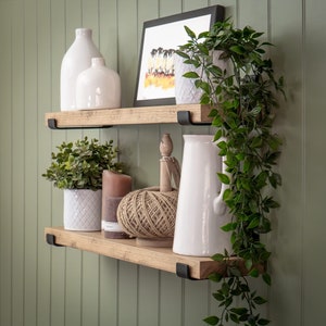 Slim 15cm rustic reclaimed shelf/hand crafted from solid timber with industrial steel "up style" brackets 3.3cm thickness