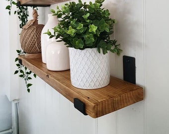 Slim 15cm rustic reclaimed shelf hand crafted from solid timber with industrial steel metal brackets 3.3cm thickness