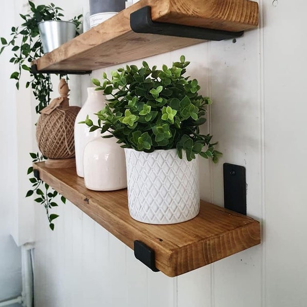 Slim 15cm rustic reclaimed shelf hand crafted from solid timber with industrial steel metal brackets 3.3cm thickness
