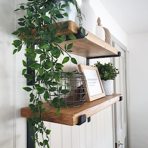 May include: Two wooden floating shelves with black metal brackets on a white wall. The shelves display decorative items: potted plants, a wire basket, a framed print, and white vases. Trailing green plants cascade from the top shelf, adding a natural touch.