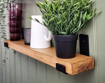 Extra slim 10cm depth shelf hand crafted from solid reclaimed pine timber 3.3cm thickness industrial steel brackets