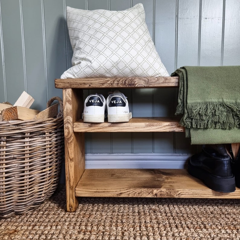 Hand crafted rustic reclaimed wooden shoe bench / shoe rack / shoe storage / hallway bench bild 3