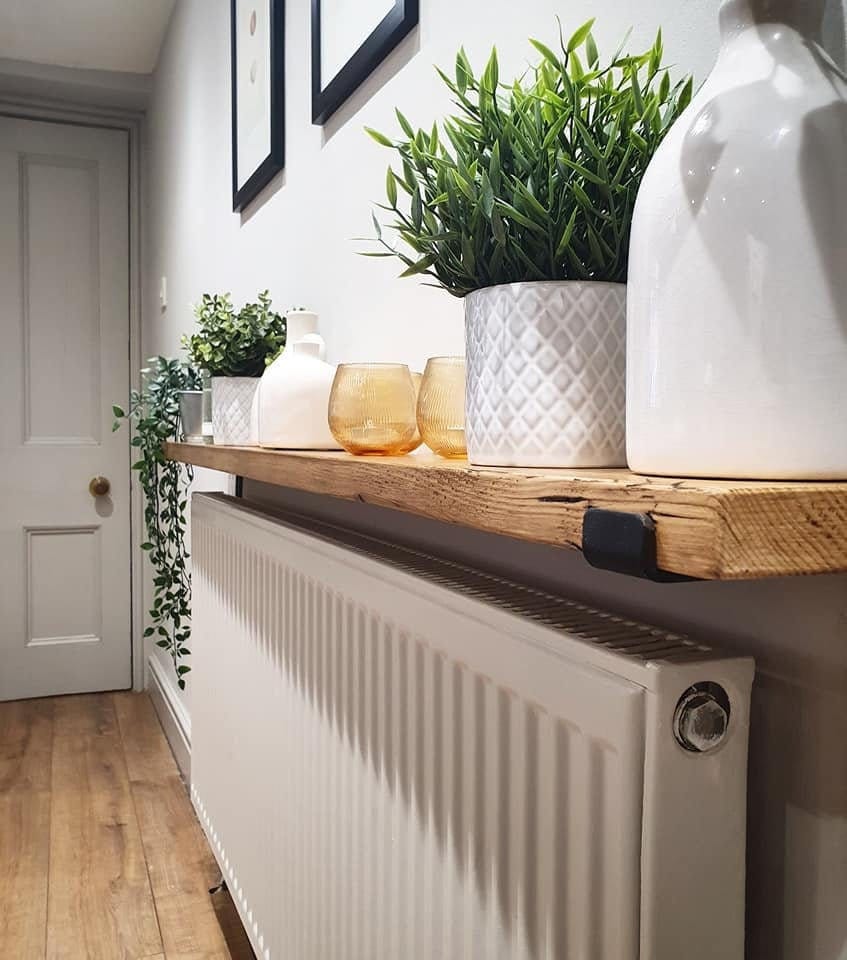 Hand crafted Rustic reclaimed solid pine timber radiator shelf with industrial steel brackets 15cm depth x 3.3cm thickness