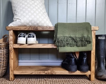 Hand crafted rustic reclaimed wooden shoe bench / shoe rack / shoe storage / hallway bench