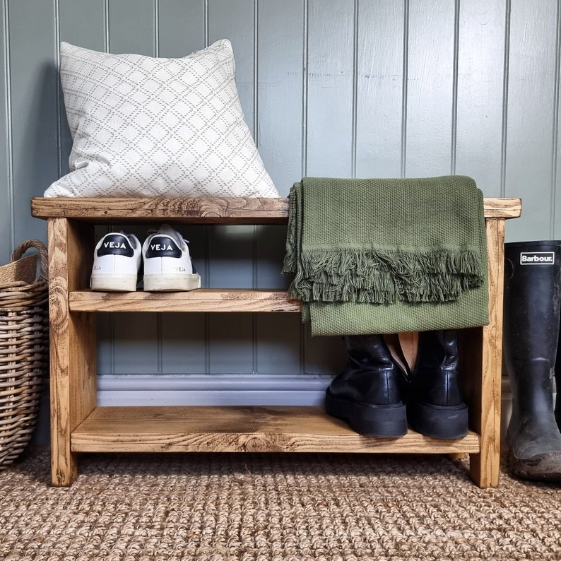 Hand crafted rustic reclaimed wooden shoe bench / shoe rack / shoe storage / hallway bench bild 1