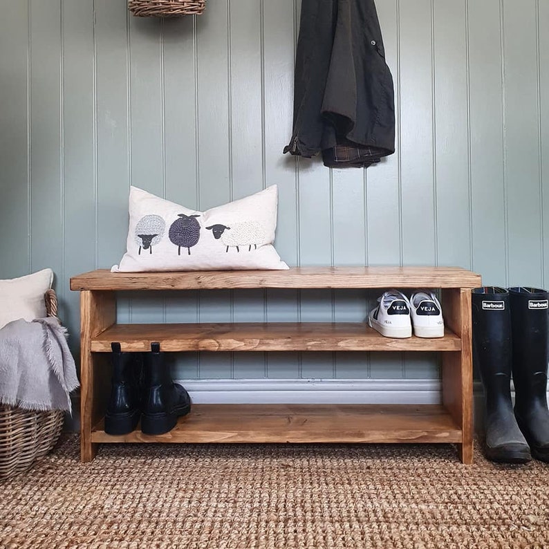 Hand crafted rustic reclaimed wooden shoe bench / shoe rack / shoe storage / hallway bench bild 5