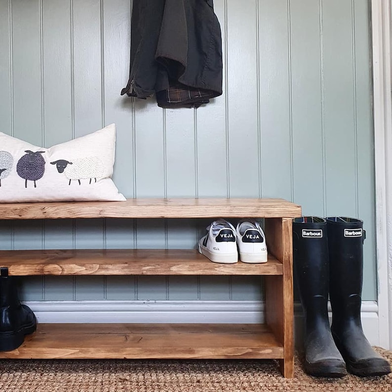 Hand crafted rustic reclaimed wooden shoe bench / shoe rack / shoe storage / hallway bench bild 6