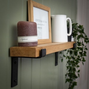 Extra slim 10cm depth shelf hand crafted from solid reclaimed pine timber 3.3cm thickness industrial steel brackets