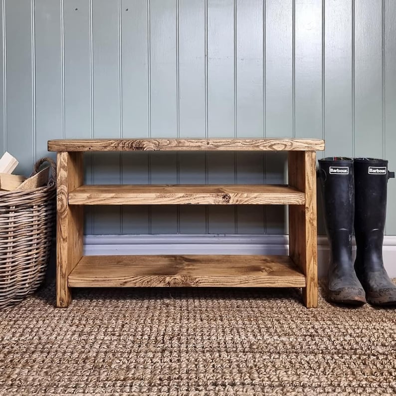 Hand crafted rustic reclaimed wooden shoe bench / shoe rack / shoe storage / hallway bench bild 8