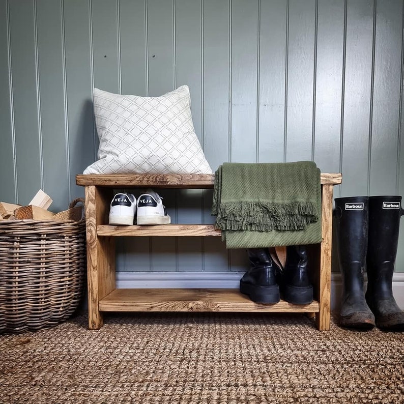Hand crafted rustic reclaimed wooden shoe bench / shoe rack / shoe storage / hallway bench bild 2