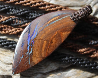 Blue Purple Boulder Opal Pendant Necklace. Leaf Shape with Shibari Macrame Cord