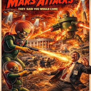 May include: Comic book cover titled "Weird COSMOS Issue 10 MARS ATTACKS." The artwork depicts a chaotic scene of Martian invaders attacking Earth, with the White House in the background. The cover features retro sci-fi art with a vintage price tag.