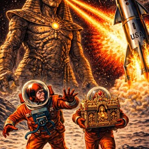 May include: An illustration depicts a colossal, stone-like figure with glowing eyes emitting beams of light. A rocket ship with "USA" on its side ascends amidst flames. Two astronauts in orange suits run across a lunar surface.