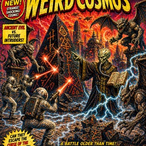 May include: Comic book cover titled "Weird Cosmos" featuring a sci-fi battle scene. Astronauts with ray guns face off against alien creatures and a robed figure. The cover includes text like "Ancient Evil vs. Future Intruders!" and "The Priest of the Void!"