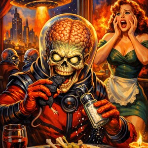 May include: A retro-style illustration depicts a Martian alien in a red suit eating a rat at a restaurant table. A woman in a green dress screams in the background as a UFO hovers above a city engulfed in flames. A glass of red wine sits on the table.
