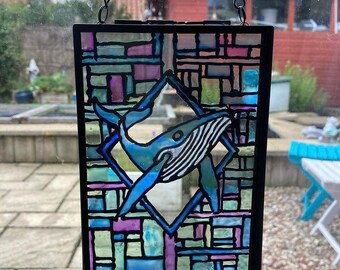 Humpback whale, stain glass style, sun catcher. Glass art. Window hanging. Home decor.