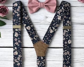 Dusty Rose & Navy Floral Suspenders and Bow Tie Set | Matching Father and Son Formal Wear | Navy Blue Floral Suspenders Cotton Handmade