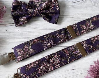 Dark Purple Floral Suspenders & Bow Tie Set | Plum Floral Braces Bow Tie | Purple Paisley Suspenders Groomsmen | Rustic Wedding Groom Bowtie