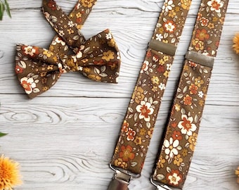 Vintage Floral Bow Tie & Suspender Set | Rust Brown Floral Suspenders Bow Tie | Rustic Wedding Braces | Fall Wedding Groom Groomsmen Outfit